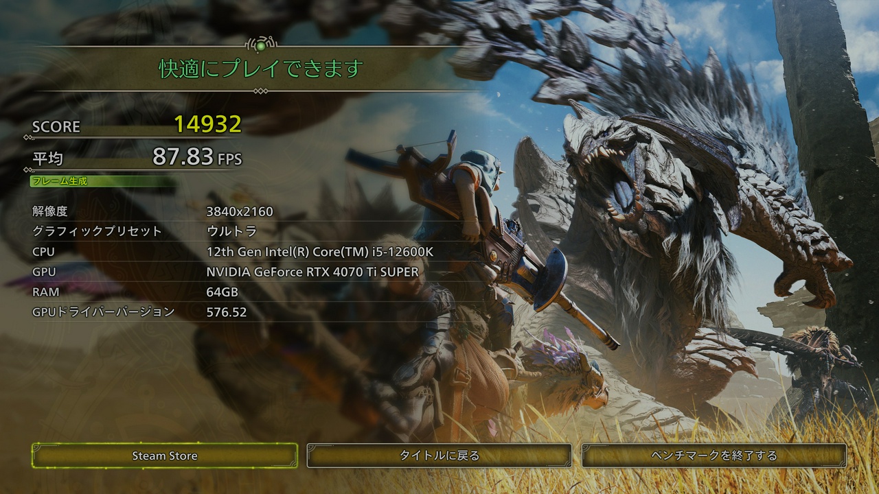 Monster Hunter Wilds Benchmark、スコアは14932点。2025/05/29時点。(モニタ交換後)