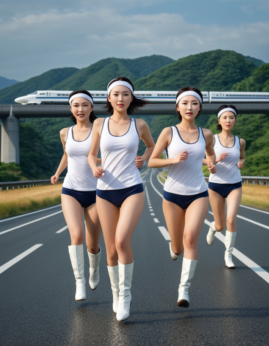 best quality,8k, realistic, masterpiece, RAW photo, Shinkansen crossing over Highway that some tall Japanese voluptuous short-haired intelligent beautiful girls running on, wearing white headbands, white tanktops, dark navy burumas, white long boots.