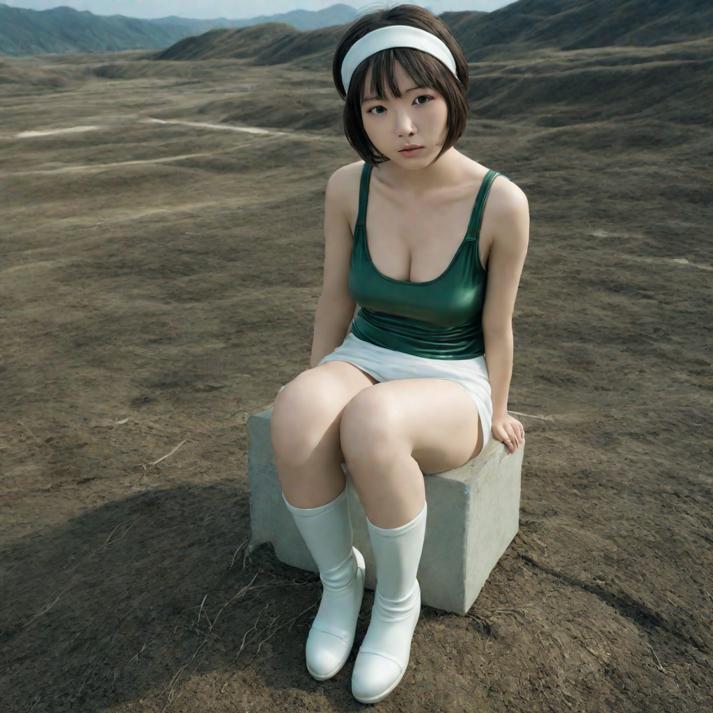 best quality, realistic, RAW photo, high angle shot, extremely detailed, a tall ((Japanese)) large breasts wide-hipped short bobbed haired intelligent beautiful girl regretting and feeling sad at a barren land without any grass, cool beauty, wearing ((dark green headband)), ((dark green tanktops with a large open chest area)) tucked in ((white tight silky hotpants)), ((white knee boots)).