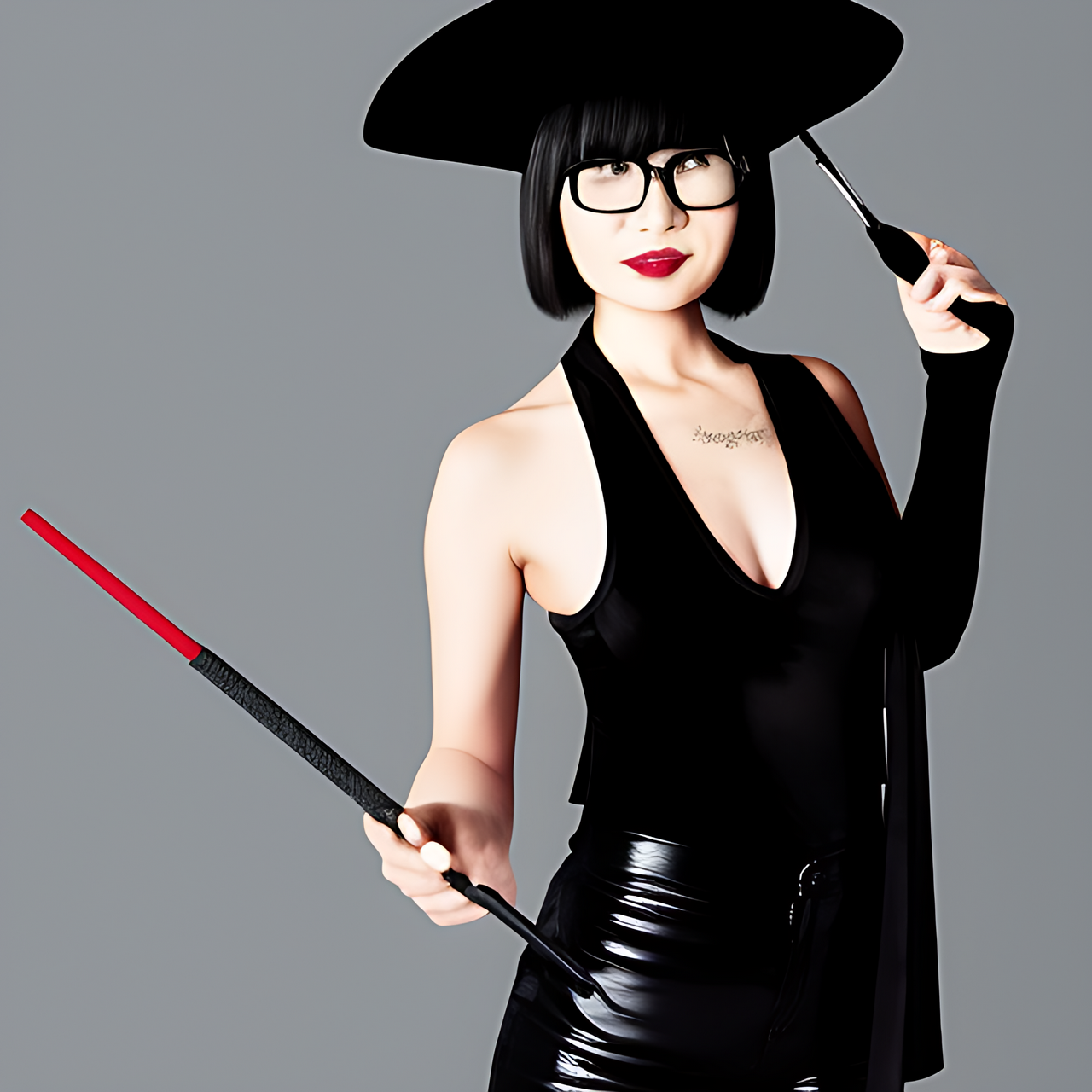 full body, a tall Japanese voluptuous short-haired intelligent beautiful witch, standing in the model's pose, wearing black pointy hat, black tight silky hot pants, black tank tops, black long boots, black coat, silver glasses, holding a magic wand.