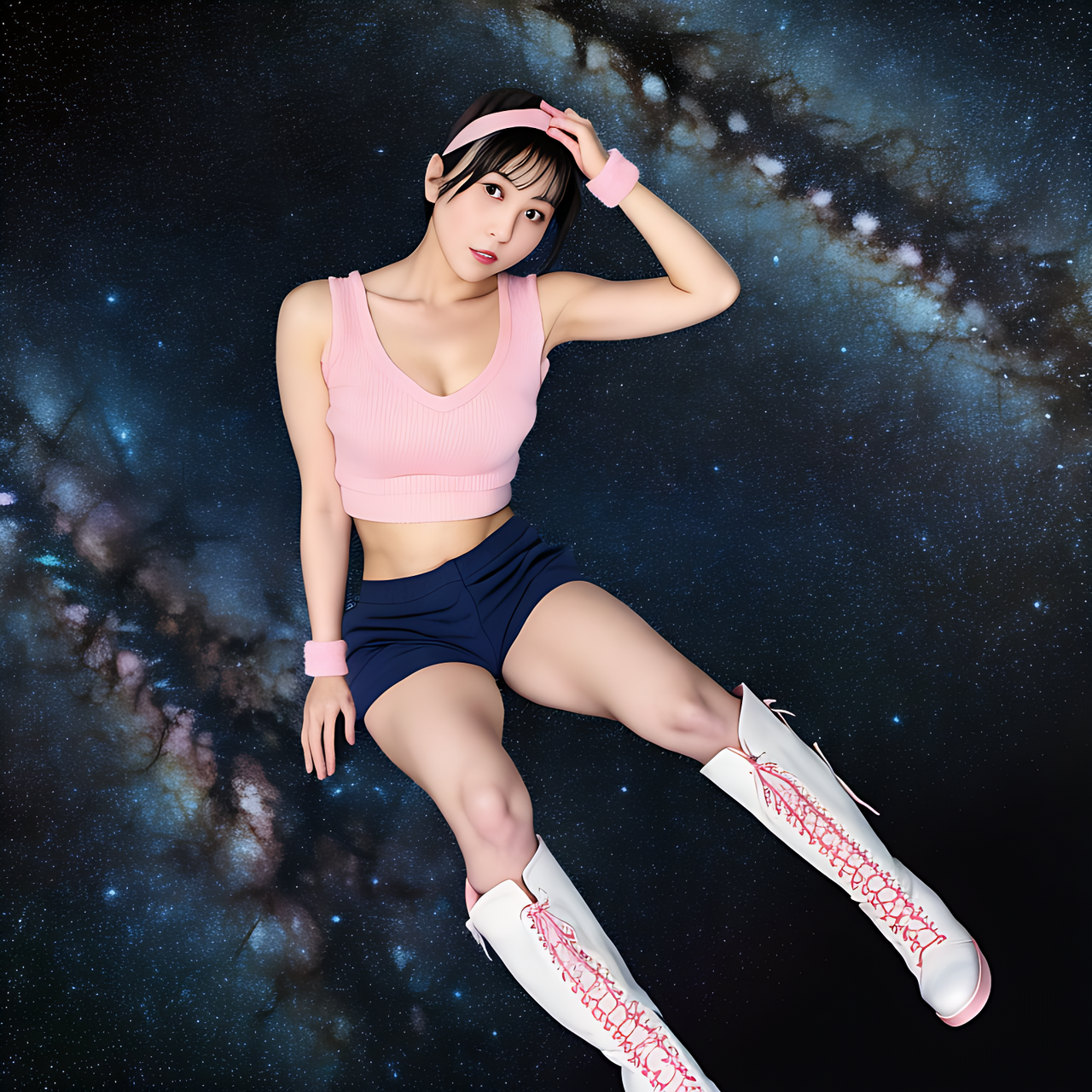 best quality,8k, realistic, masterpiece, RAW photo, full body, high angle shot, a full body portrait of a tall Japanese voluptuous short-haired intelligent beautiful girl watching Milky Way, wearing shocking-pink headband, dark navy gymnastic knickers, shocking-pink tanktops with a large open chest area, white long boots.