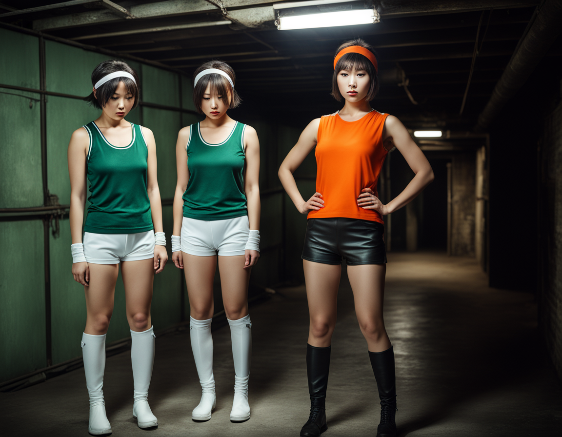 best quality, realistic, RAW photo, at the dark basement  ADDCOMM 3 girls, full body, a tall Japanese large breasts wide-hipped short bobbed haired intelligent beautiful girl crying and working hard, cool beauty, wearing ((dark green headband)), ((dark green tanktops with a large open chest area)), ((white tight silky hotpants)), ((white long boots))  ADDCOL 3 girls, full body, a tall Japanese large breasts wide-hipped short bobbed haired intelligent beautiful girl crying and working hard, cool beauty, wearing ((dark green headband)), ((dark green tanktops with a large open chest area)), ((white tight silky hotpants)), ((white long boots))  ADDCOL 3 girls, full body, distance view, a tall evil Japanese large breasts wide-hipped short bobbed haired intelligent beautiful girl  giving the orders to other girls, cool beauty, wearing ((orange headband)), ((orange tanktops with a large open chest area)), ((black tight leather hotpants)), ((black long boots))  ADDCOL 