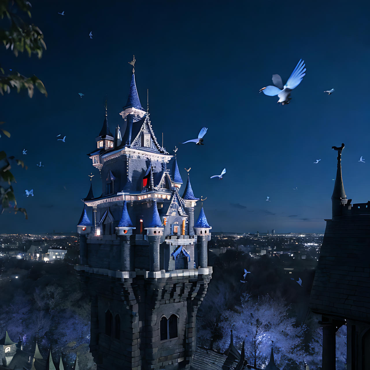 best quality,8k, realistic, masterpiece, RAW photo, many blue birds flying away from the demon castle at midnight.