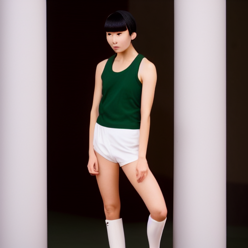 a full body portrait of a tall Japanese wide-hipped short-haired intelligent beautiful girl feeling tiredness, wearing dark green headband, white gymnastic knickers, dark green tank tops, white long boots, white long boots.