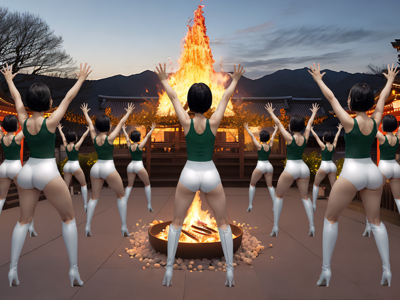 best quality,8k, realistic, masterpiece, RAW photo, back view, Some tall Japanese voluptuous short-haired intelligent beautiful girls are dancing to pray for rain in front of the temple.
