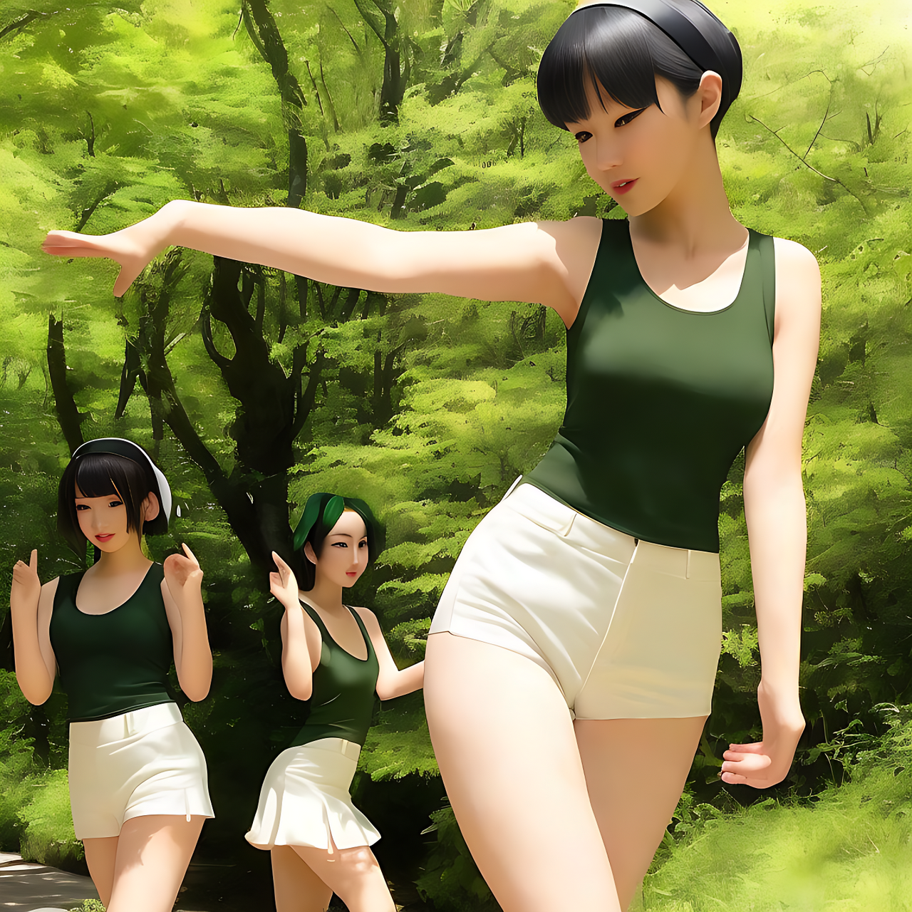 front view, Some tall Japanese voluptuous short-haired intelligent beautiful girls are dancing at the national park in early summer.