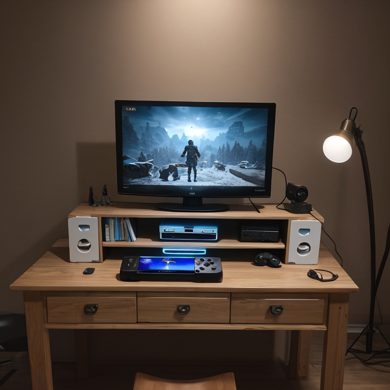 best quality,8k, realistic, masterpiece, RAW photo, Game Console on the desk