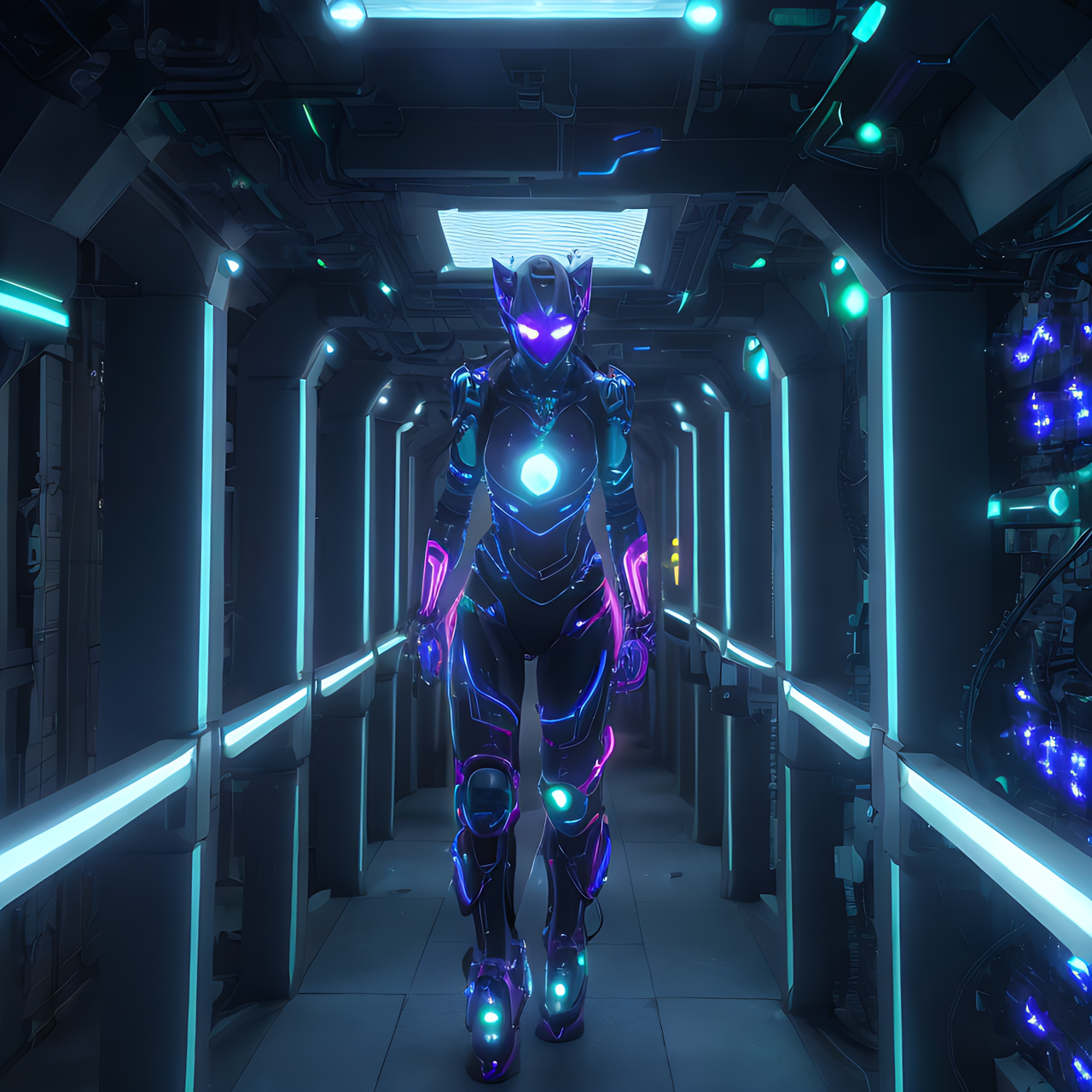 best quality,8k, dark passageway with colorful LED lighting in the cyber mechanical base