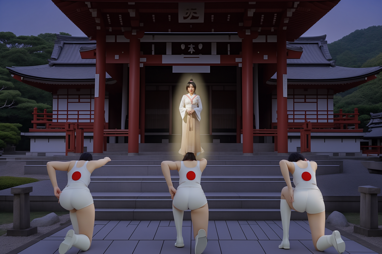 best quality,8k, realistic, masterpiece, RAW photo, back view, tall Japanese voluptuous short-haired intelligent beautiful girls worship the shining goddess.