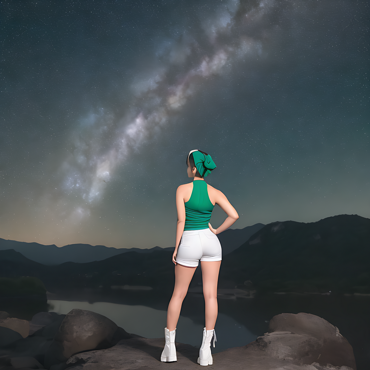 best quality,8k, back view, a full body portrait of a tall Japanese voluptuous short-haired intelligent beautiful girl watching Milky Way, wearing dark green headband, white tight silky hot pants, dark green tank tops, white long boots.