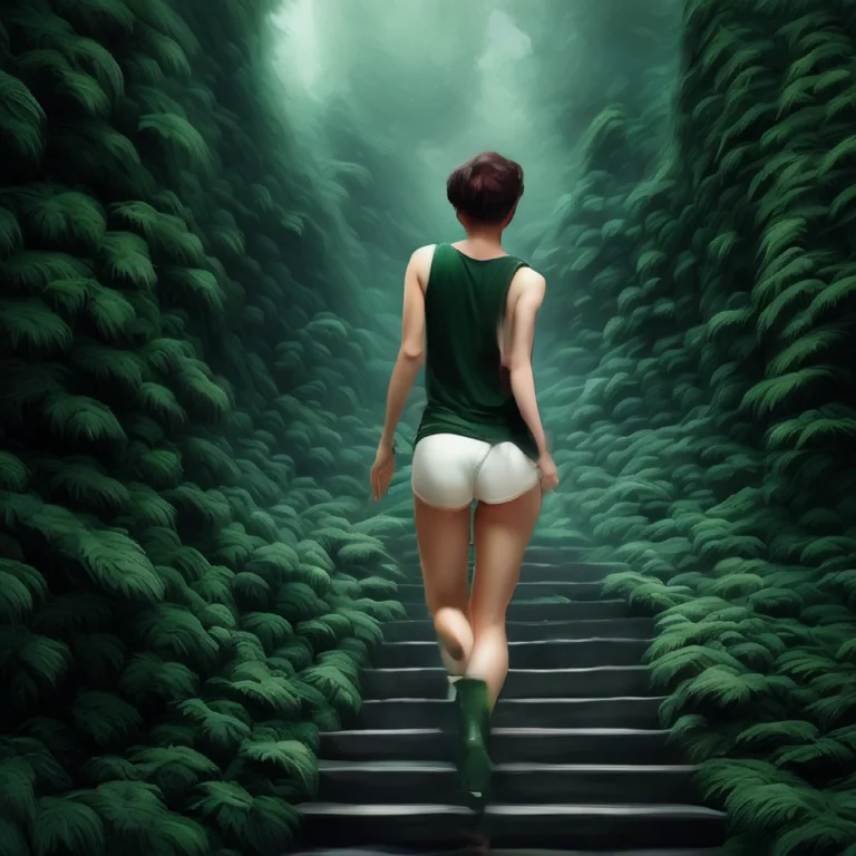 best quality,8k, realistic, masterpiece, RAW photo, back view, a tall Japanese voluptuous short-haired intelligent beautiful girl going up the stairs, wearing dark green headbands, white tight hotpants, dark green tanktops, white long boots.