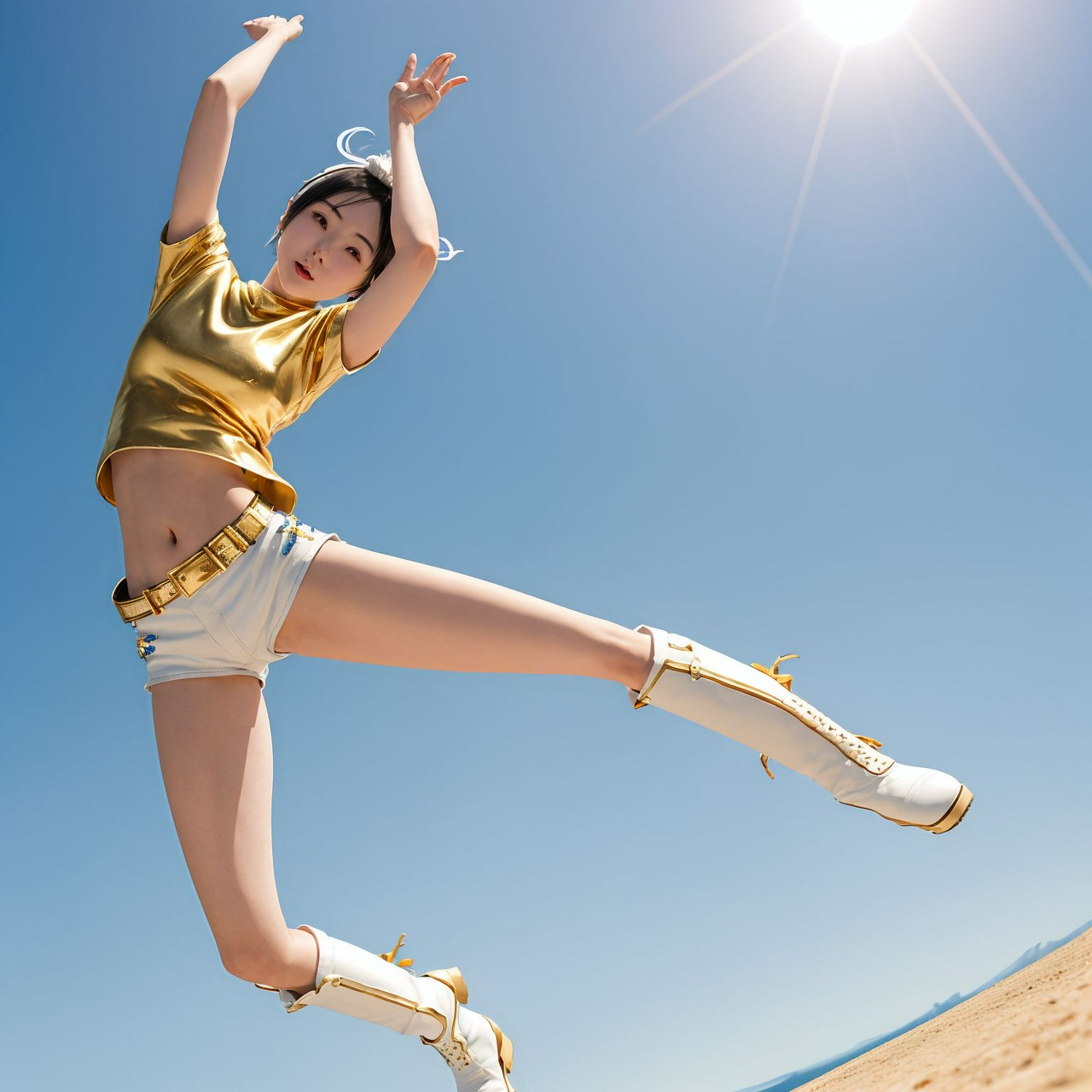 best quality,8k, realistic, masterpiece, RAW photo, low angle view, a tall Japanese voluptuous short-haired intelligent beautiful girl jumping into the blue sky, wearing gold headband, white tight hotpants, gold tanktop with a large open chest area, white long boots.