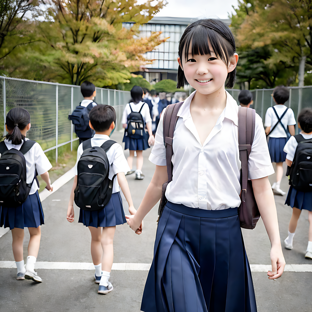 best quality,8k, realistic, masterpiece, RAW photo, Some Japanese Children are walking around school looks fun.