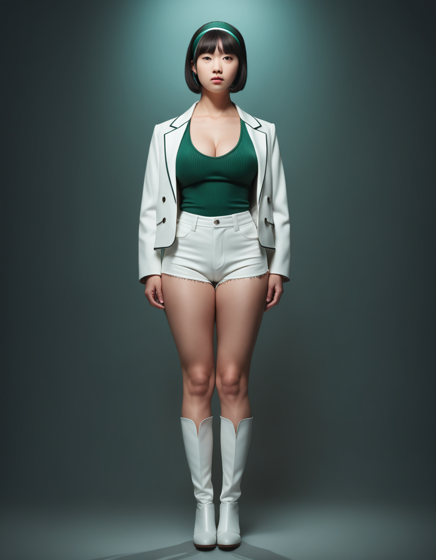 score_9, score_8_up, score_7_up, score_6_up, score_5_up, score_4_up, best quality, realistic, RAW photo, front view, extremely detailed, full body, a tall Japanese voluptuous fluffy bob cut intelligent beautiful girl feeling anxious in the dark room at midnight, cool beauty, wearing ((white formal jacket)), ((dark green headbands)), ((dark green tanktops with a large open chest area)) tucked in ((white tight silky hotpants)), ((white knee boots)).