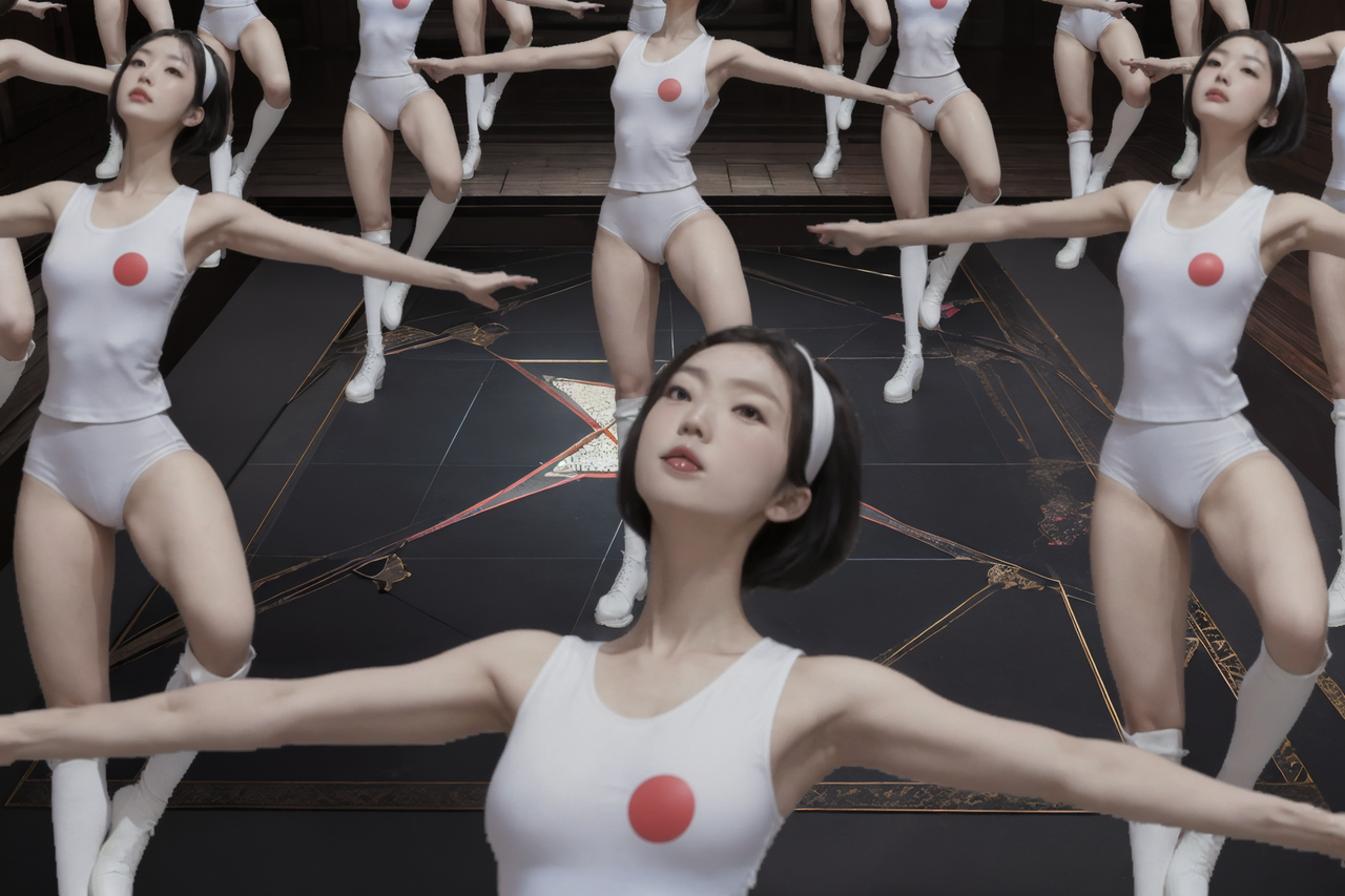 best quality,8k, realistic, masterpiece, RAW photo, Many tall Japanese voluptuous short-haired intelligent beautiful girls are dancing at the large hall, wearing white headband, white tight hotpants with a large open chest area and red circle, white tanktops, white long boots.