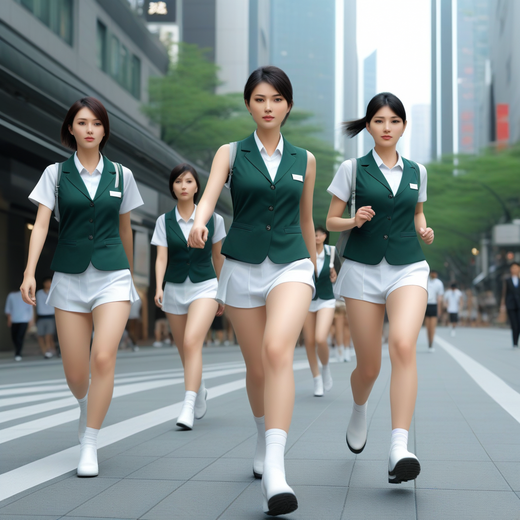 best quality,8k, realistic, masterpiece, RAW photo, some tall Japanese voluptuous short-haired intelligent beautiful girls are running at business district.