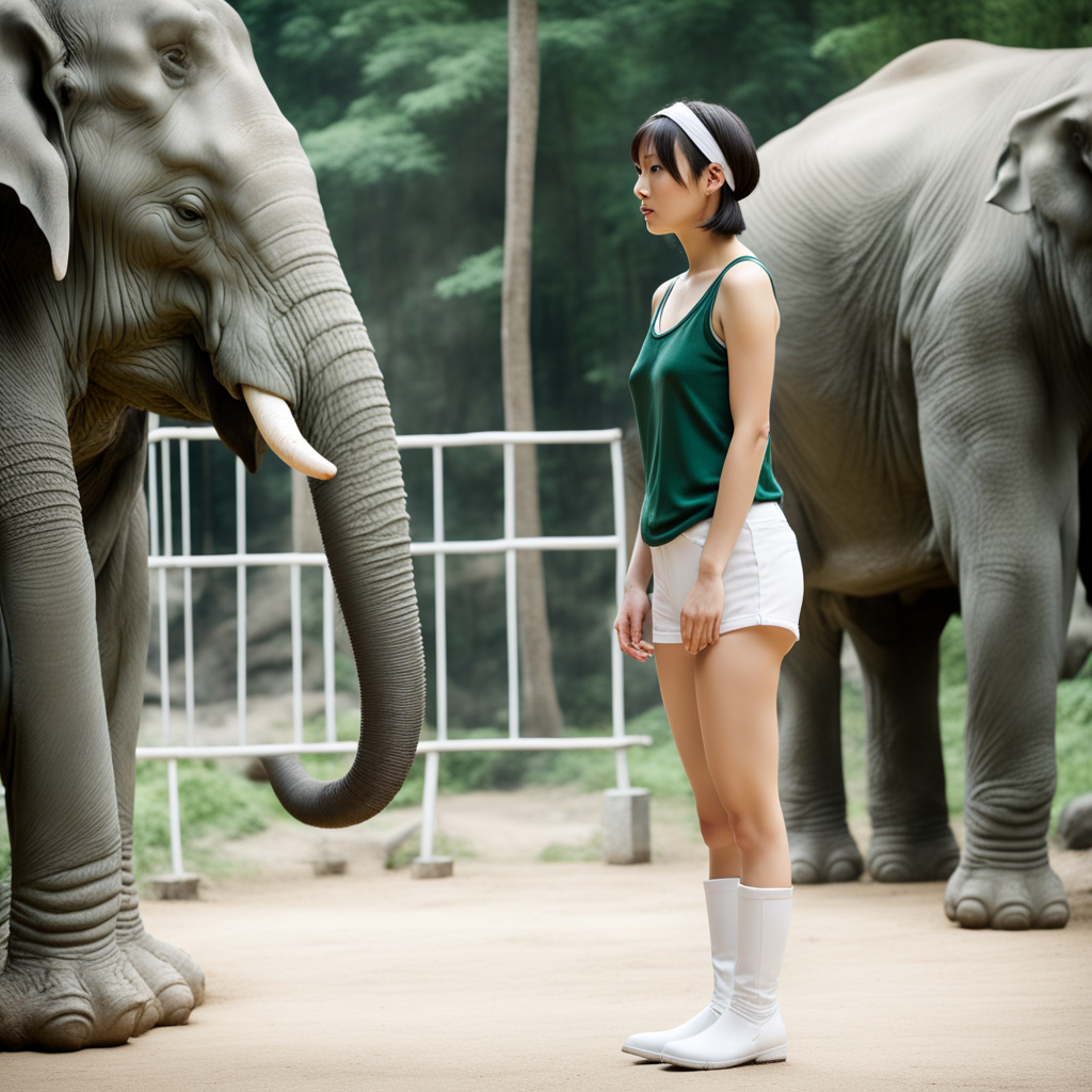 best quality, realistic, RAW photo, side view, a tall ((Japanese)) large breasts wide-hipped short bobbed haired intelligent beautiful girl, cool beauty, wearing ((dark green headbands)), ((dark green tanktops with a large open chest area)), ((white tight silky hotpants)), ((white long boots)), watching some elephants at the zoo.