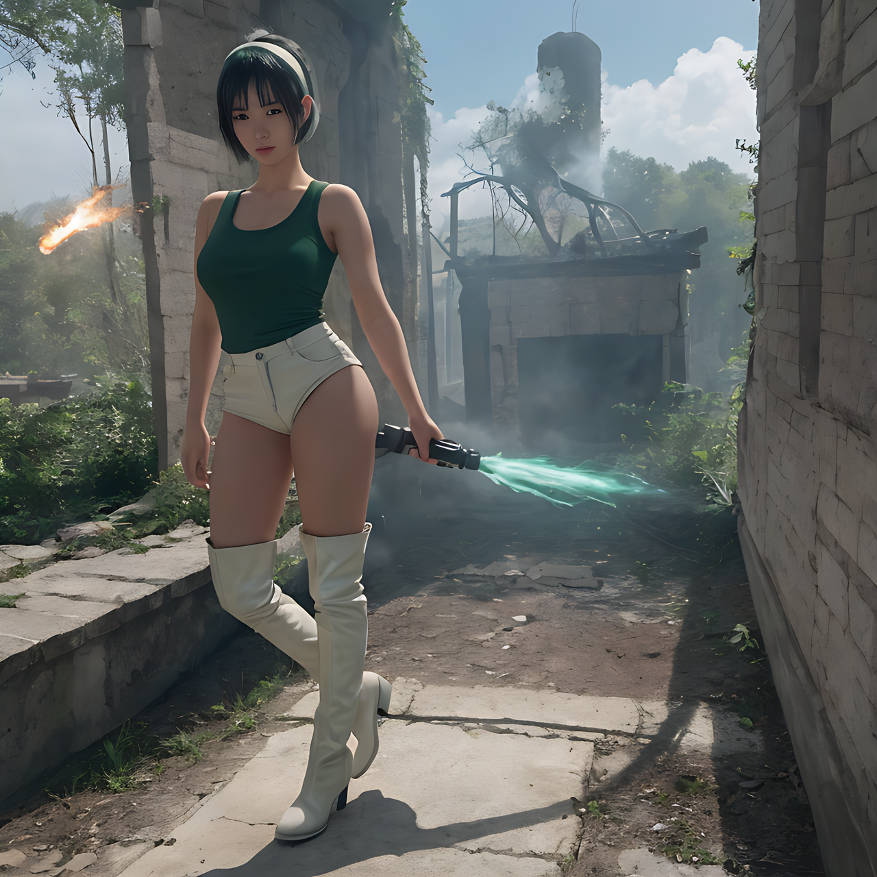best quality,8k, realistic, masterpiece, RAW photo, full body, a tall Japanese voluptuous short-haired intelligent beautiful girl using flamethrower at the ruin, exciting, wearing dark green headband, white tight hotpants, dark green tanktops, white long boots.