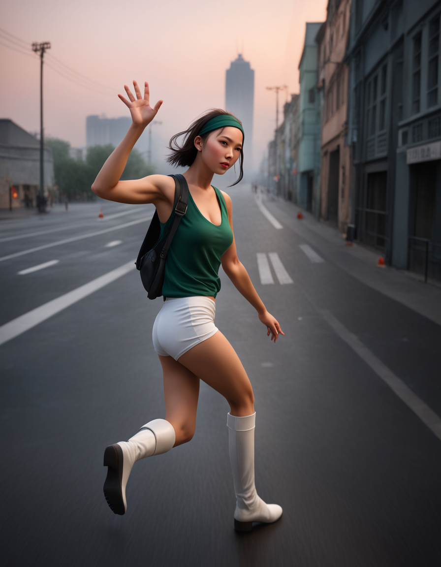 score_9, score_8_up, score_7_up, score_6_up, score_5_up, score_4_up, best quality, realistic, RAW photo, back view, a tall ((Japanese)) large breasts wide-hipped short bobbed haired intelligent beautiful girl looking back at the author, waving her one hand, say good-bye and running away in early morning, cool beauty, wearing ((dark green headbands)), ((dark green tanktops with a large open chest area)), ((white tight silky hotpants)), ((white long boots)).