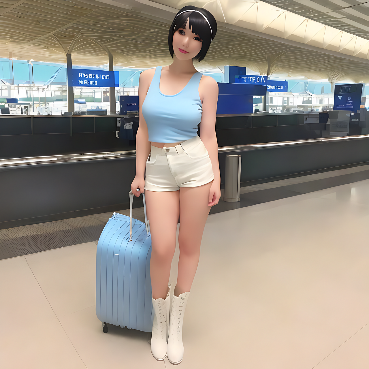 best quality, 8k, full body, front view, a tall Japanese voluptuous short-haired intelligent beautiful girl standing at the airport, wearing skyblue headband, white tight hot pants, skyblue tank tops, white long boots.