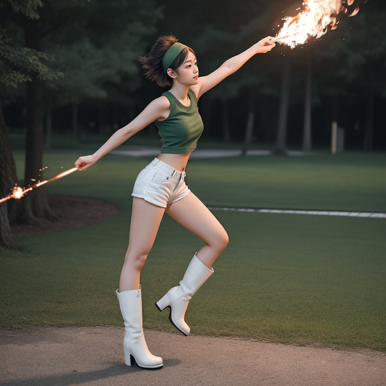 best quality,8k, realistic, masterpiece, RAW photo, full body, low angle shot, a tall Japanese voluptuous short-haired intelligent beautiful girl doing fire twirling, wearing dark green headband, white tight hotpants, dark green tanktops, white long boots.