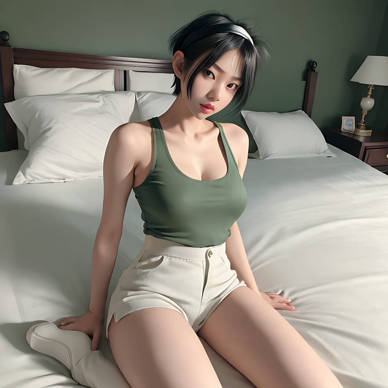 best quality,8k, realistic, masterpiece, RAW photo, high angle shot, a full body portrait of a tall Japanese voluptuous short-haired intelligent beautiful girl lying on the bed, writhing and gasping, wearing dark green headband, dark green tanktops with a large open chest area, white tight silky hotpants, white long boots.