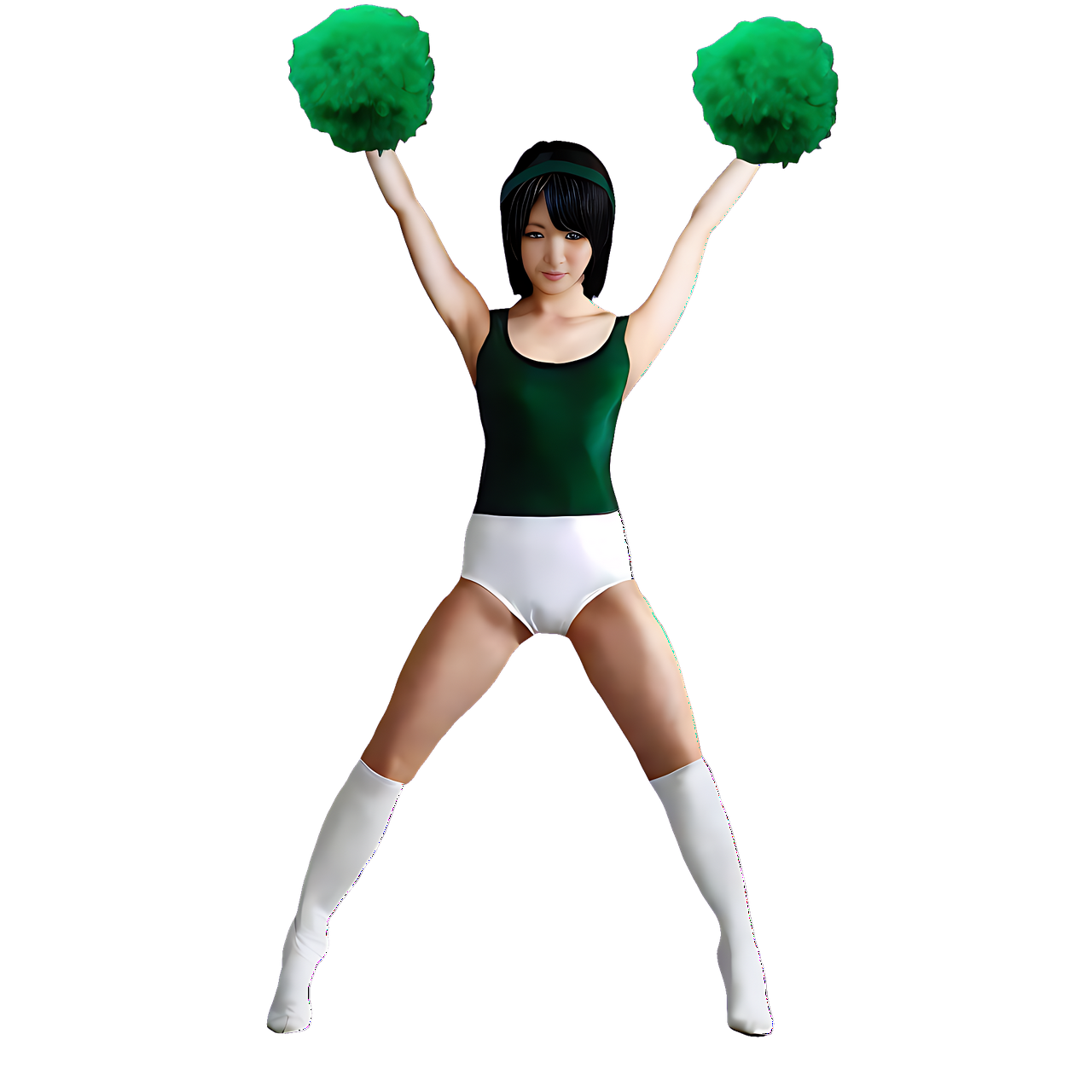 a tall Japanese voluptuous short-haired intelligent beautiful cheerleader raising her hands with ponpons, wearing dark green headband, white gymnastic knickers, dark green tank tops, white long boots., no background