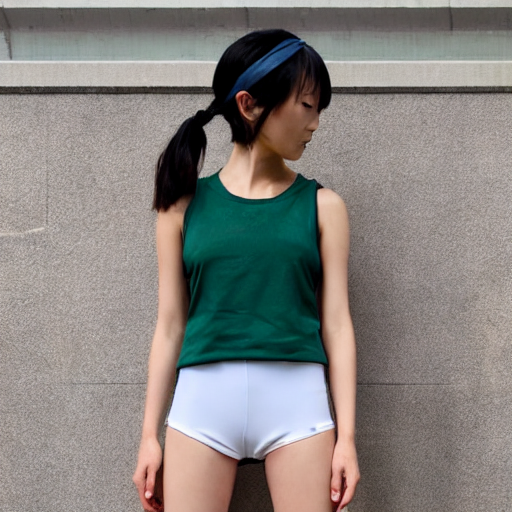 a tall Japanese girl, wearing "white tight silky hot pants", "dark green tank tops", "white boots", "dark green headband".