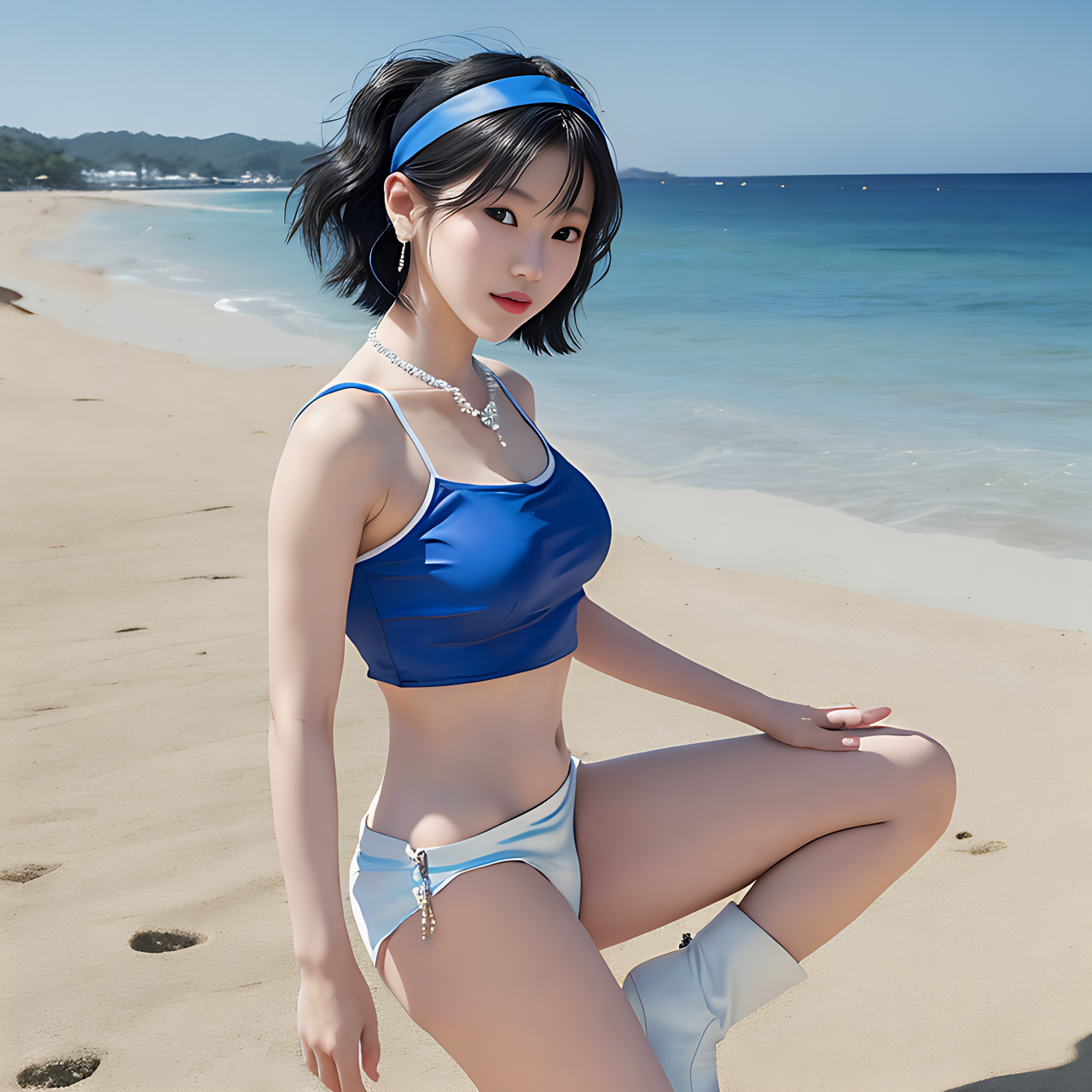 best quality,8k, realistic, masterpiece, RAW photo, front view, Some tall Japanese voluptuous short-haired intelligent beautiful young dancers on the beach in a sunny day.