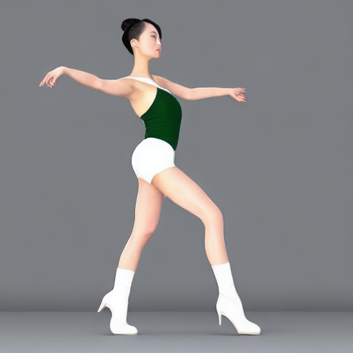 (錬成後比較的マシだったものその3)a full body portrait of a tall Japanese voluptuous short-haired intelligent beautiful girl opening legs in front and behind like running and bending waist at the dance hall, wearing dark green headband, white gymnastic knickers, dark green tank tops, white long boots, white long boots., CGI