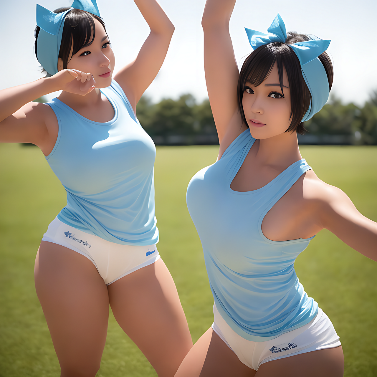 best quality, front view, many tall Japanese voluptuous short-haired intelligent beautiful cheerleaders are dancing lightly, wearing sky-blue headbands, white tight hot pants, sky-blue tank tops, white long boots.