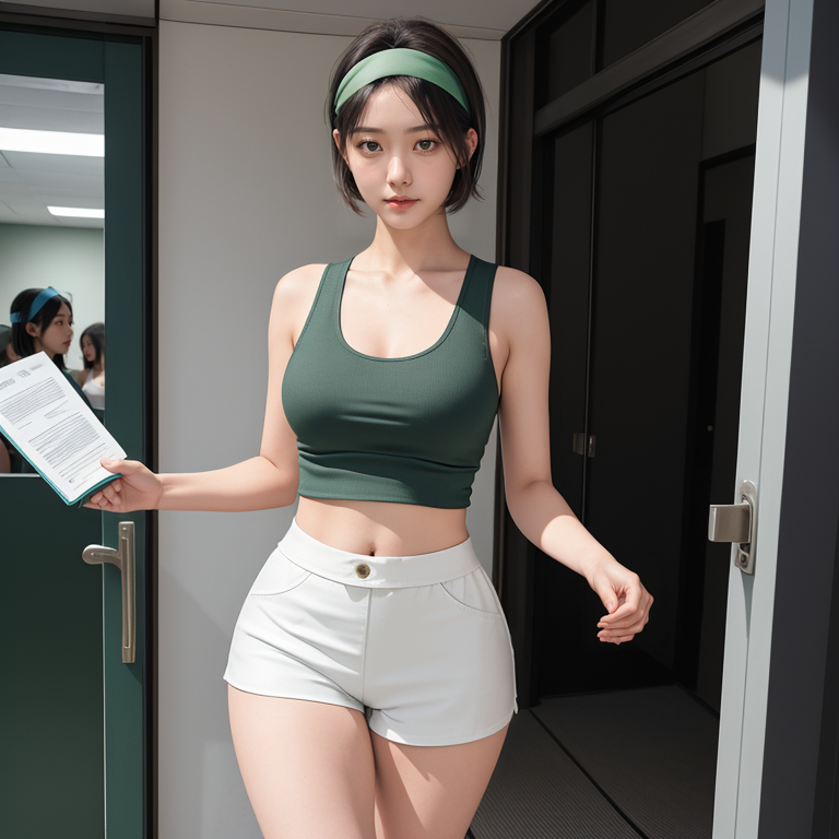 best quality,8k, realistic, masterpiece, RAW photo, front view, a tall Japanese voluptuous short-haired intelligent beautiful girl watching entrance requirements list at public employment security office, wearing dark green headband, white tight silky hotpants, dark green tanktops with a large open chest area, white long boots.