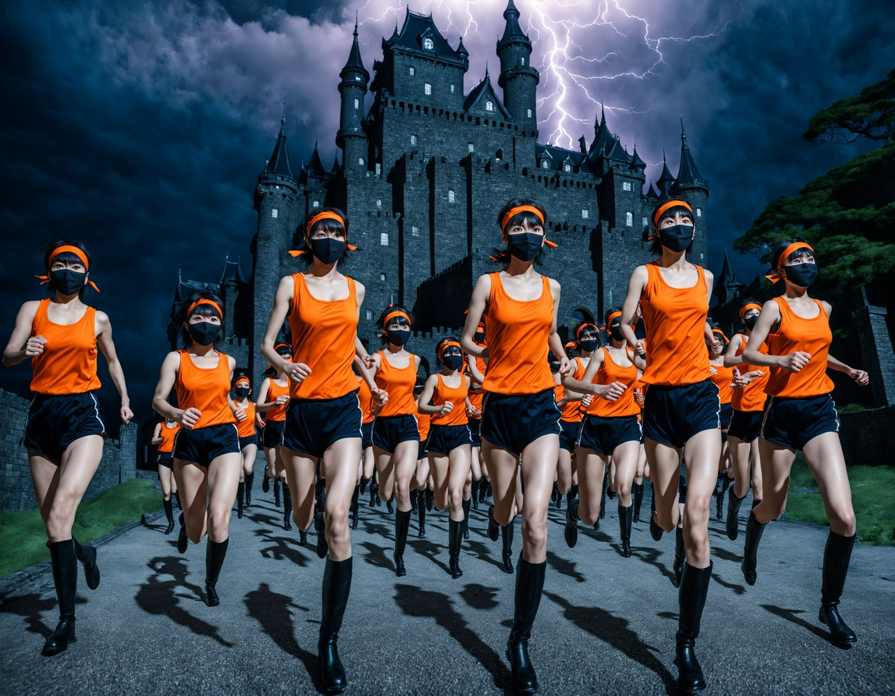 realistic, RAW photo, full body, many tall evil Japanese large breasts wide-hipped short bobbed haired intelligent beautiful girls are running from the Victorian demonic castle at stormy midnight with lightning, cool beauty, exciting.