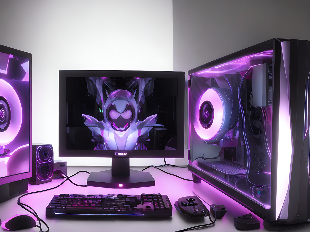 best quality,8k, a gaming PC at dark computer room with colorful led lighting