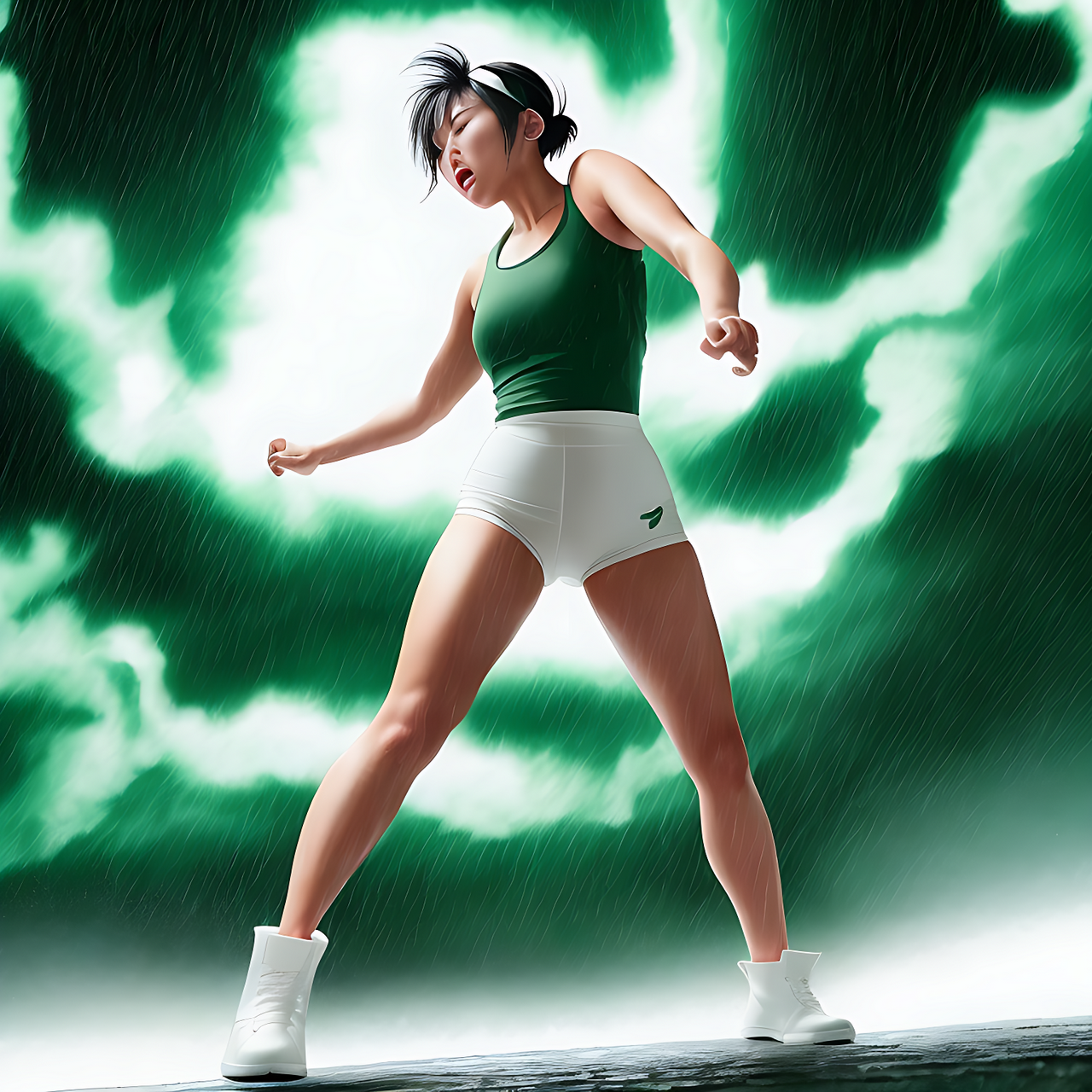 front view, full body, a tall Japanese voluptuous short-haired intelligent beautiful girl getting angry and crying in the storm, wearing dark green headband, white tight hot pants, dark green tank tops, white long boots.