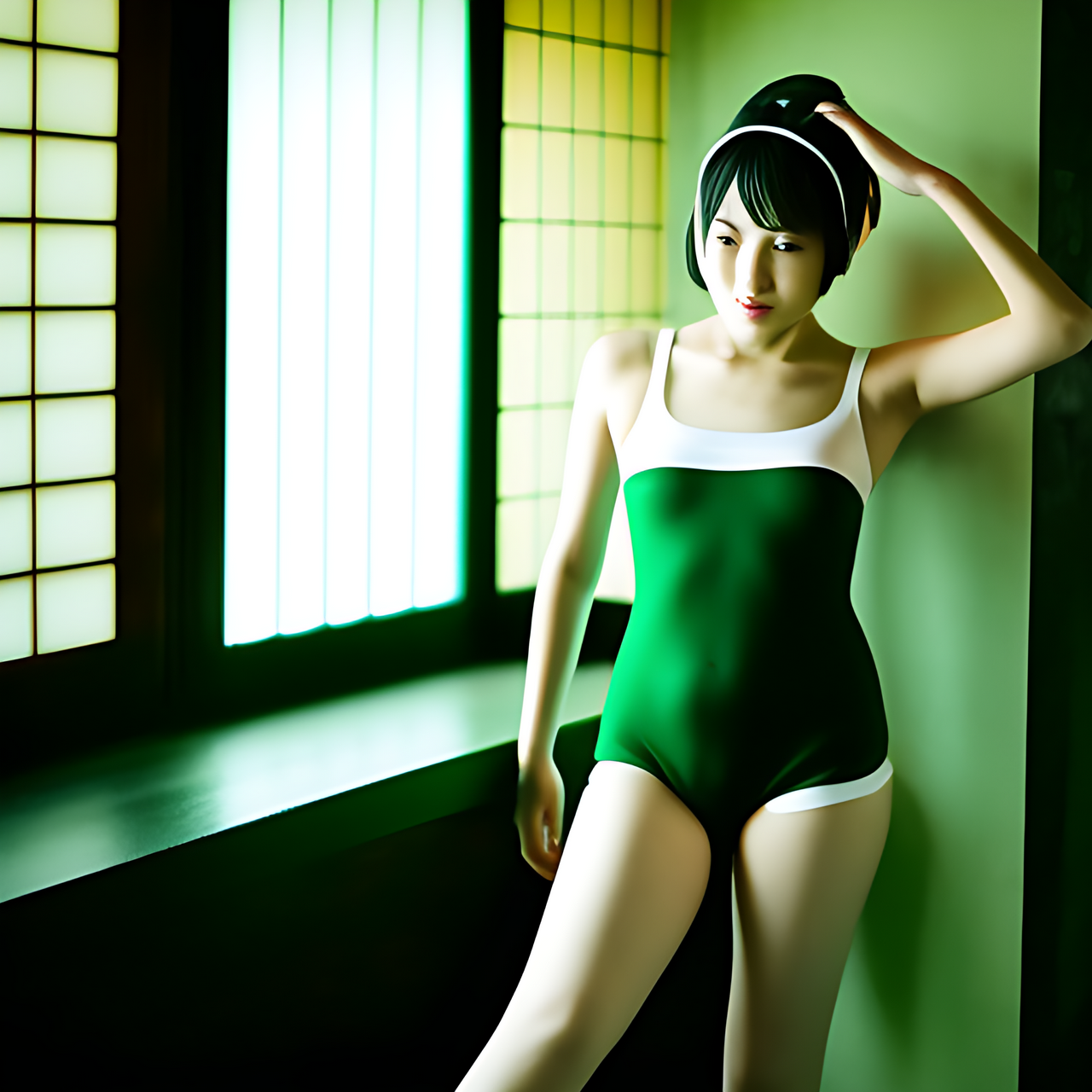a tall Japanese voluptuous short-haired intelligent beautiful girl feeling sad in the dark room at midnight, wearing dark green headband, white gymnastic knickers, dark green tank tops, white long boots.