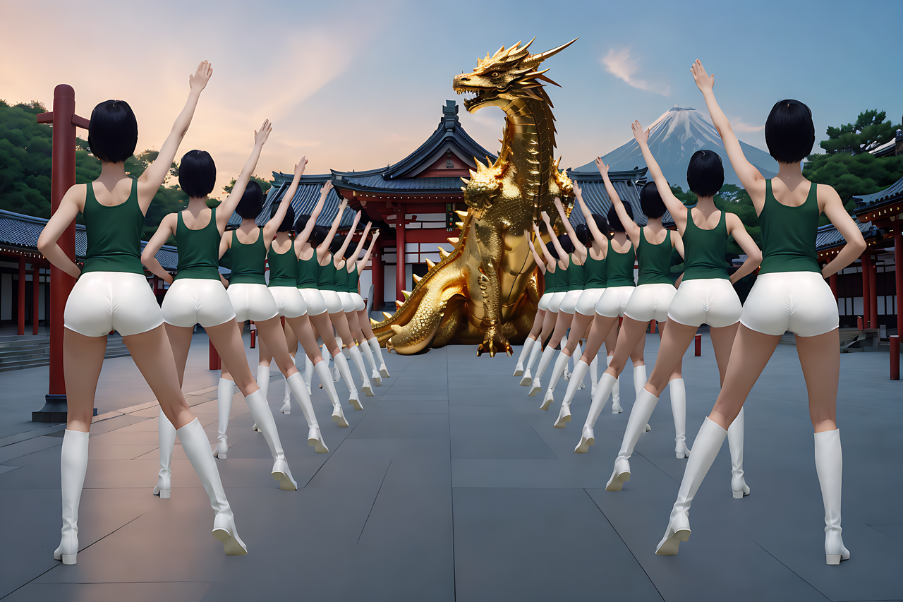 best quality,8k, realistic, masterpiece, RAW photo, back view, tall Japanese voluptuous short-haired intelligent beautiful girls worship a Gold Nova Dragon in front of the shrine.