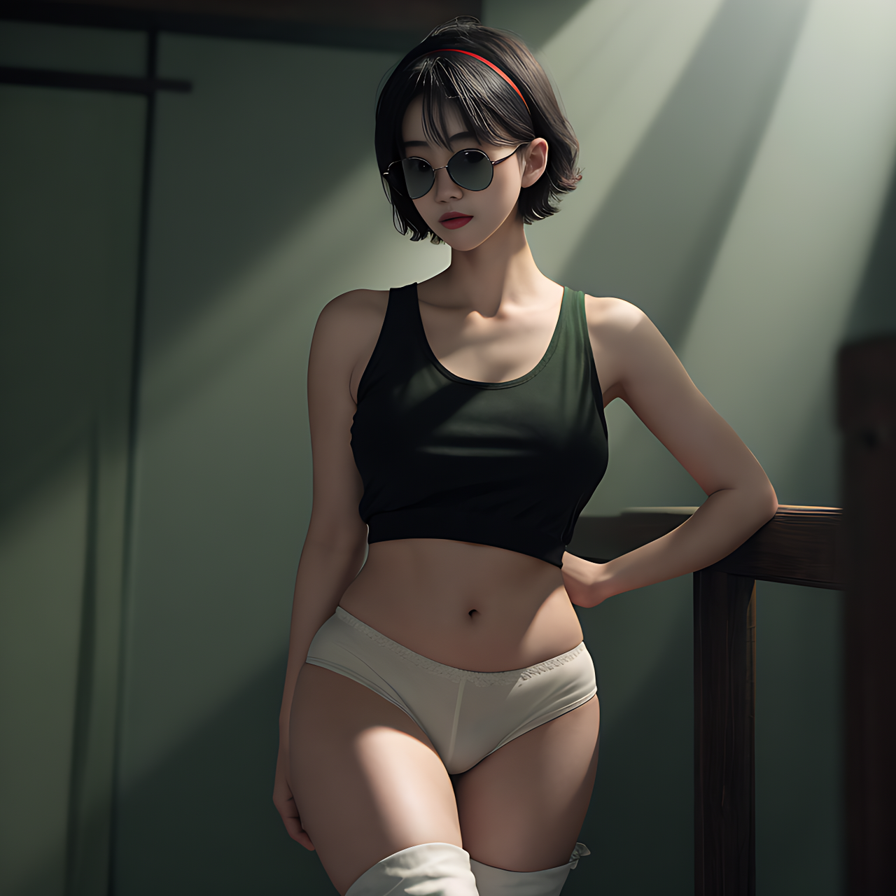 best quality,8k, realistic, masterpiece, RAW photo, front view, a tall Japanese voluptuous short-haired intelligent beautiful girl standing at dark room, red backlight, wearing black sunglasses, dark green headband, white gymnastic knickers, dark green tanktops, white long boots,