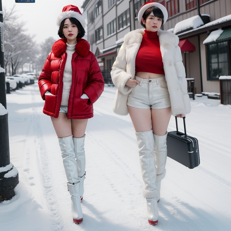 best quality,8k, realistic, masterpiece, RAW photo, a full body portrait of a tall Japanese voluptuous short-haired intelligent beautiful girl taking her large suitcase in winter, wearing white tight silky hotpants, red tanktops, white long boots, red pointy hat, and red fur coat.