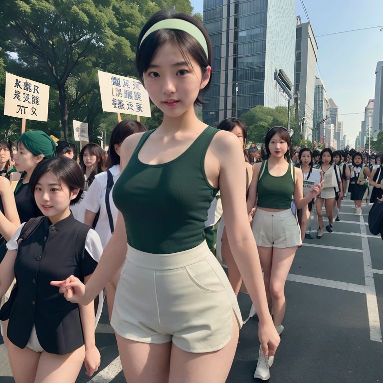 best quality,8k, realistic, masterpiece, RAW photo, Many tall Japanese voluptuous short-haired intelligent beautiful young female demonstrators are forming lines and marching near the government office.