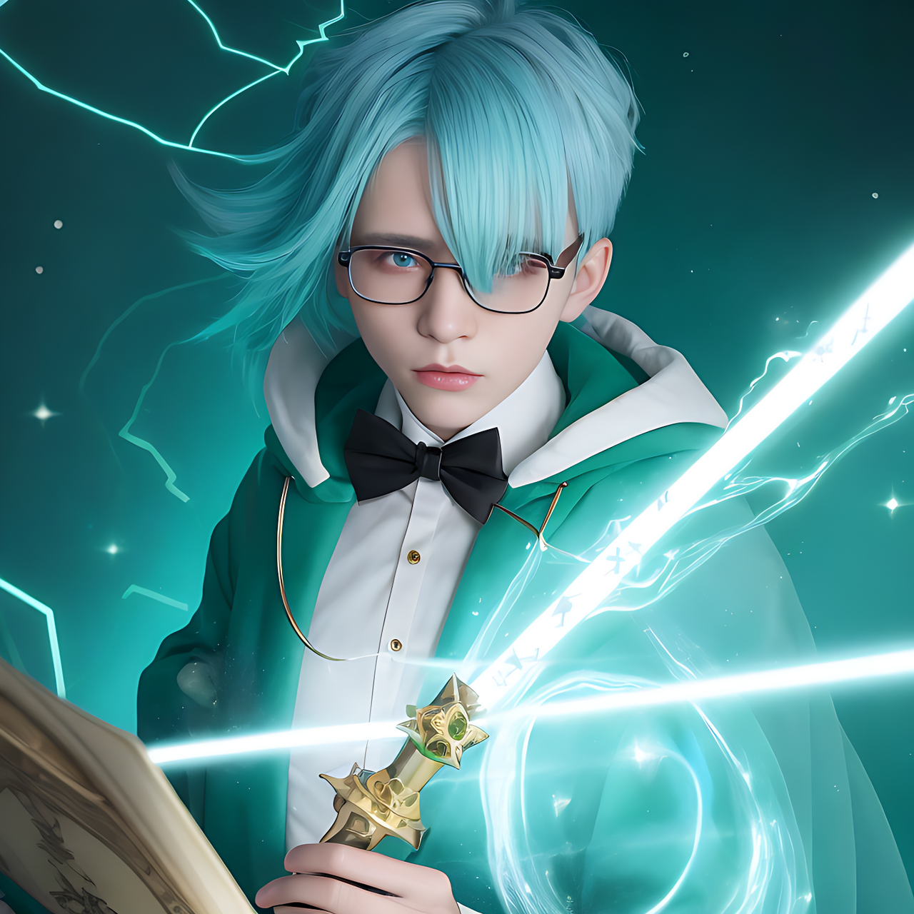 best quality,8k, a 22yo student wizard with skyblue hair at the laboratory, wearing emerald-green robe, gold glasses, magic wand.