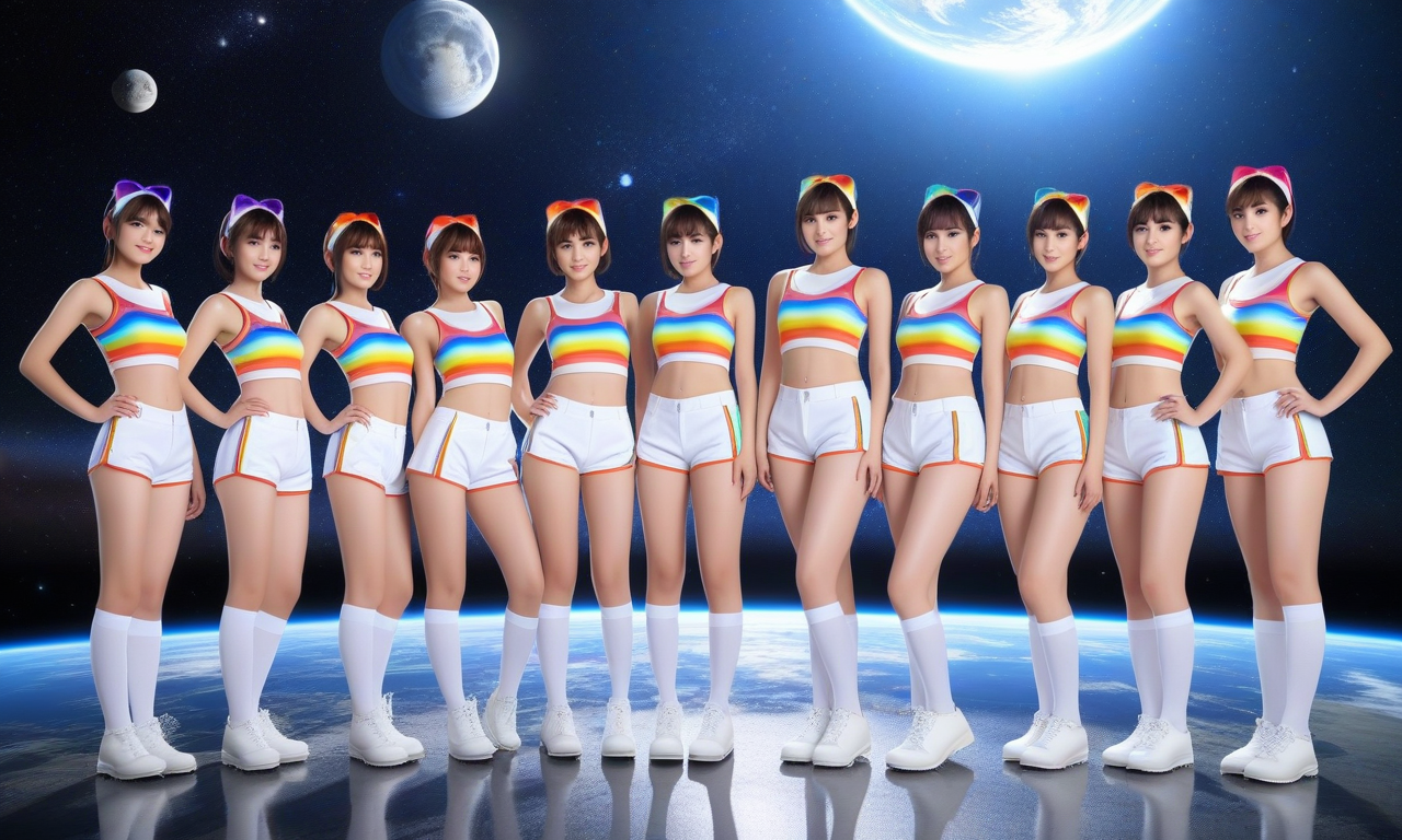 best quality,8k, realistic, masterpiece, RAW photo, some tall Japanese voluptuous short-haired intelligent beautiful girls are forming a circle in the universe.