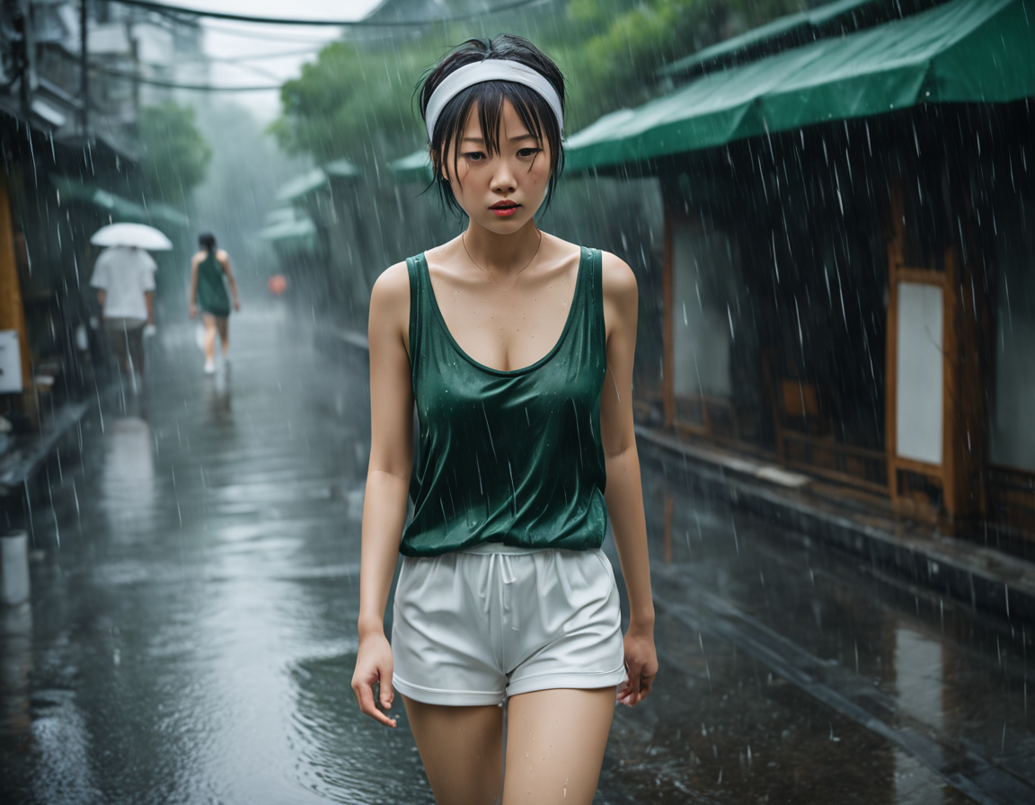 best quality, realistic, RAW photo, high angle shot, a tall ((Japanese)) large breasts wide-hipped short bobbed haired intelligent beautiful girl walking in the heavy rainfall and crying, cool beauty, wearing ((dark green headband)), ((dark green tanktops with a large open chest area)), ((white tight silky hotpants)), ((white long boots)).