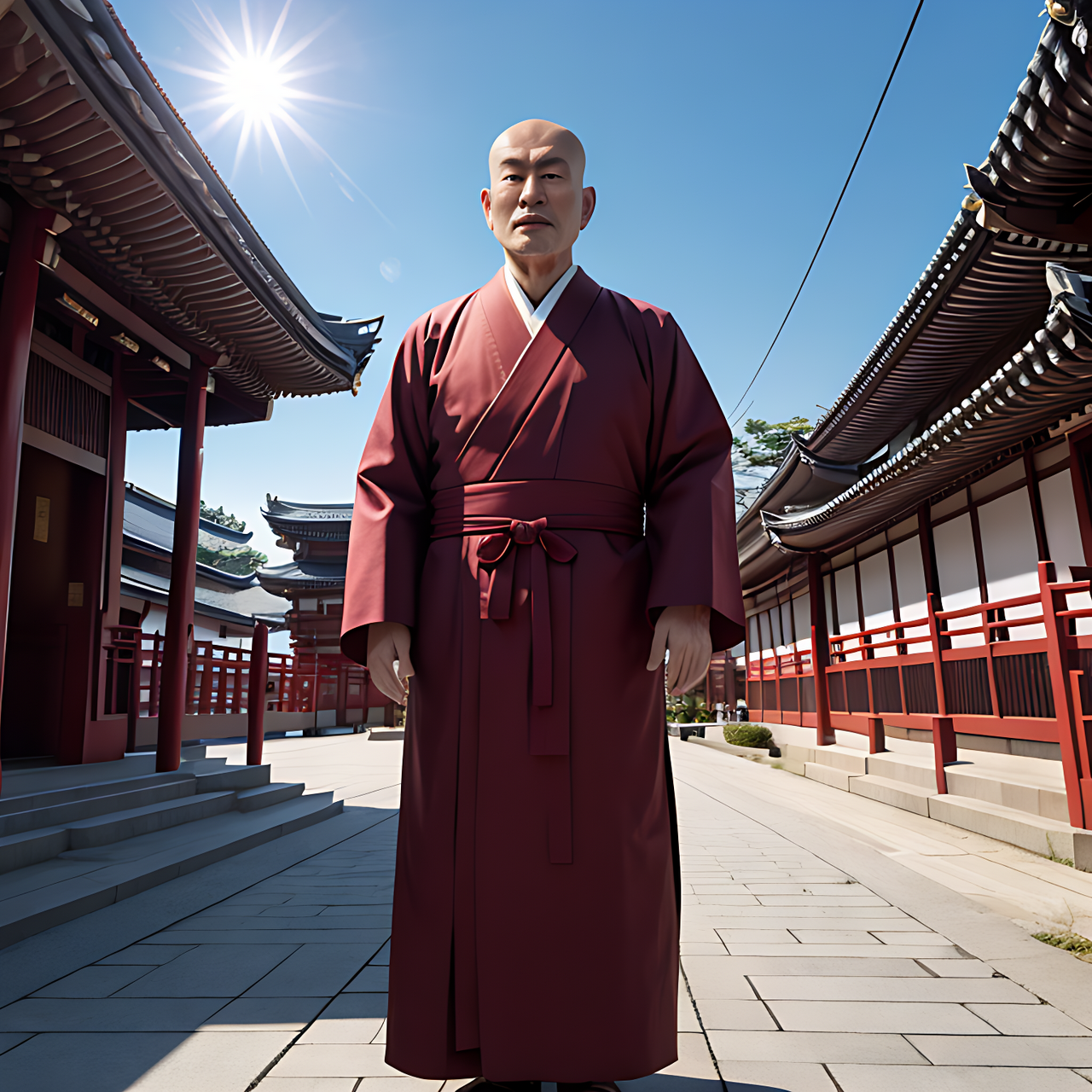 best quality,8k, realistic, masterpiece, RAW photo, full body, a tall Japanese voluptuous intelligent beautiful shaved head female Buddhist saint in front of the temple in sunny day.