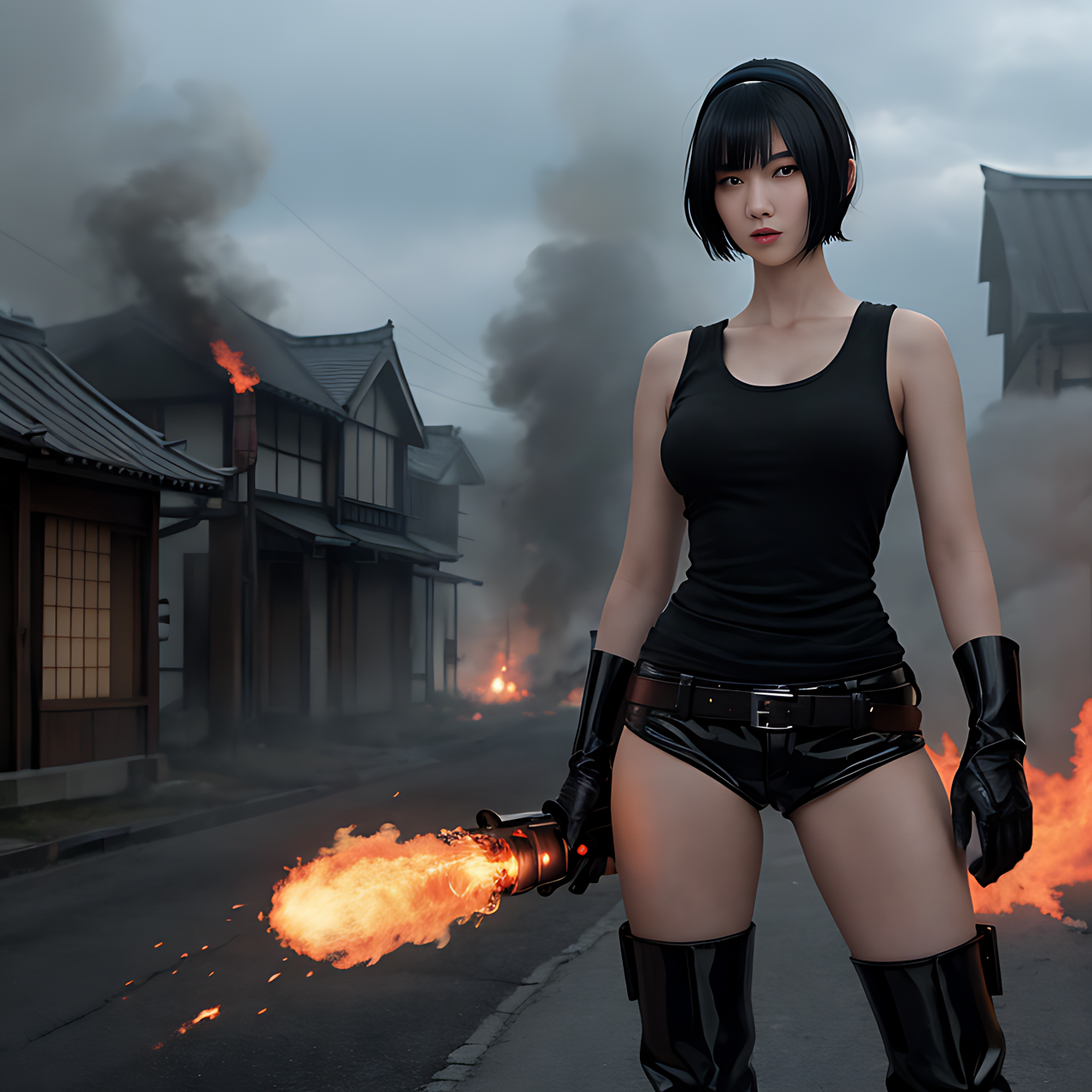 best quality,8k, realistic, masterpiece, RAW photo, Many tall Japanese voluptuous short-haired intelligent beautiful evil girls are using flamethrower at the town, exciting.