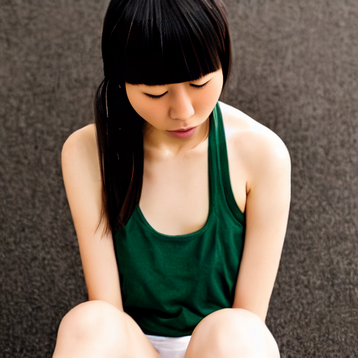 a tall Japanese girl having a bad headache, wearing white tight silky hot pants, dark green tank tops, white boots, dark green headband.