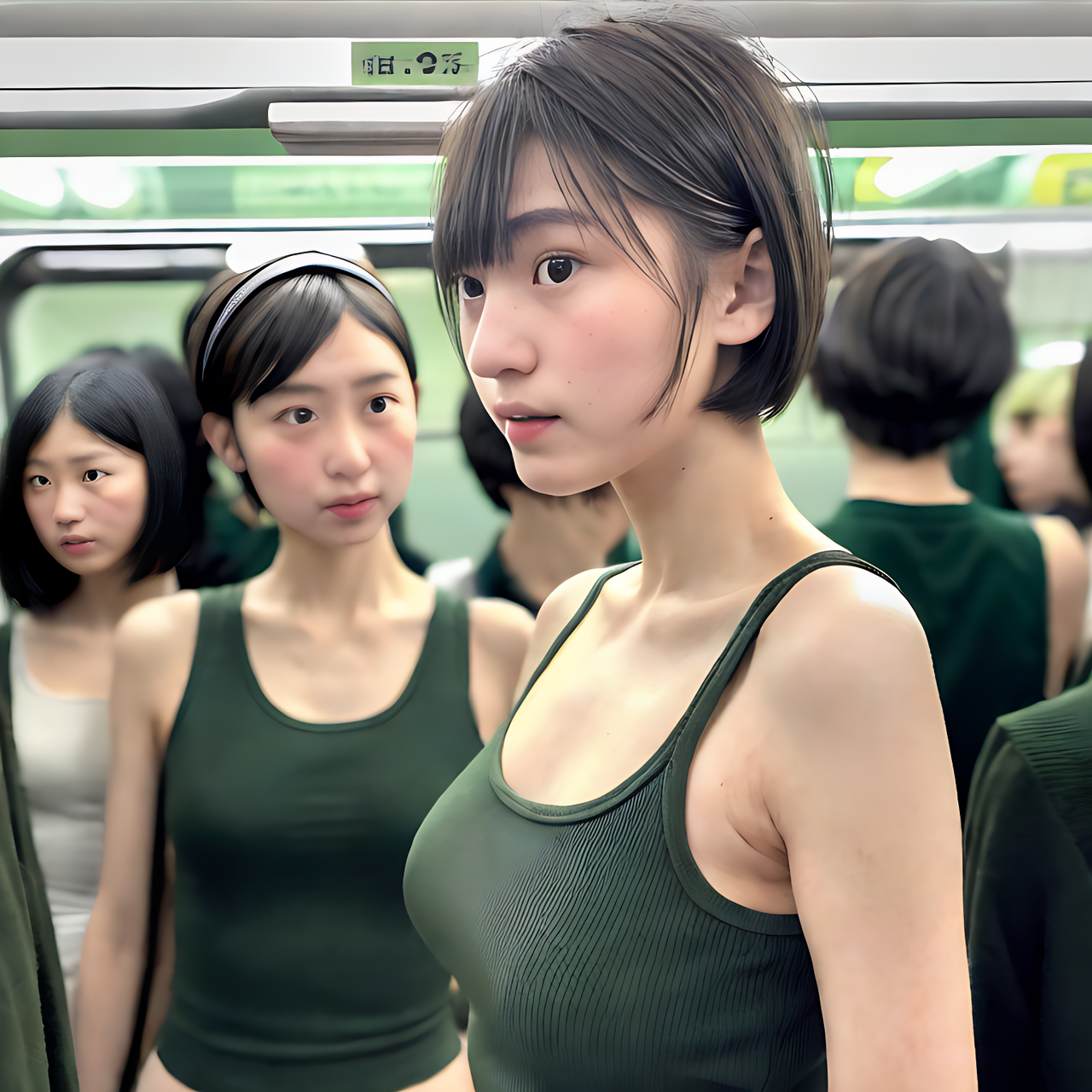 best quality,8k, realistic, masterpiece, RAW photo, front view, There are many tall Japanese voluptuous short-haired intelligent beautiful girls wearing dark green headbands, white hotpants, dark gren tanktops, white long boots in the crowded train.