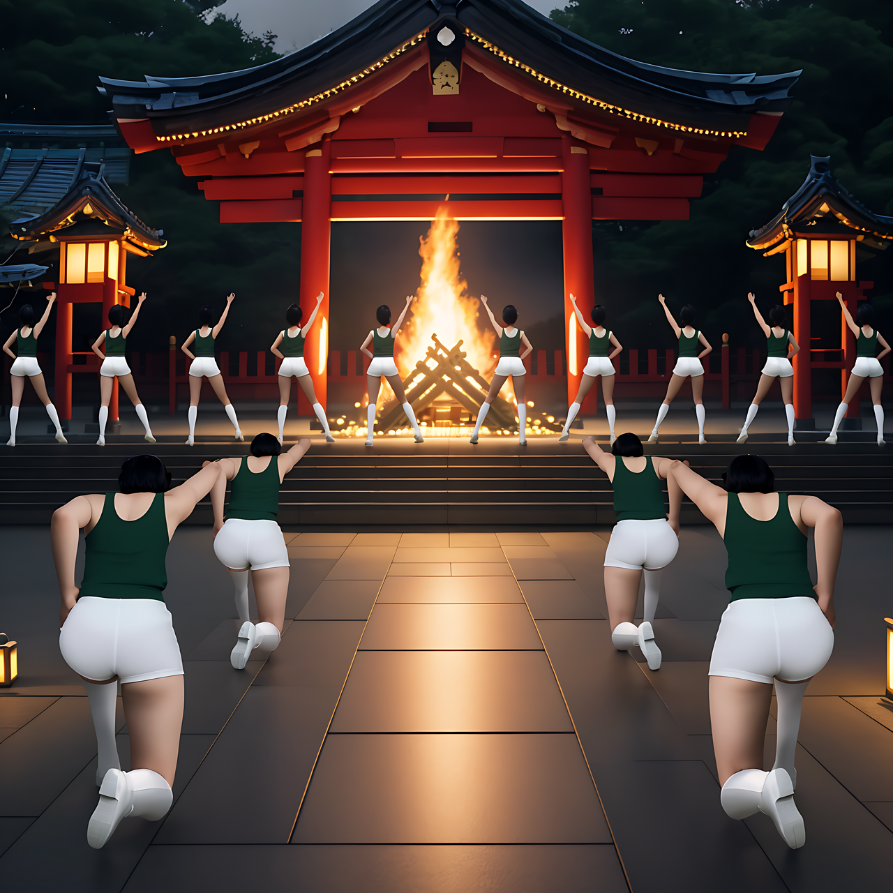 best quality,8k, realistic, masterpiece, RAW photo, back view, Some tall Japanese voluptuous short-haired intelligent beautiful girls are dancing to pray for rain in front of the temple.