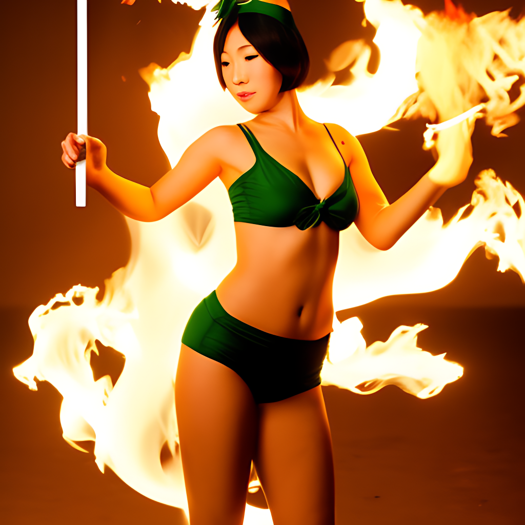 full body, a tall Japanese voluptuous short-haired intelligent beautiful girl doing fire twirling, wearing dark green headband, white knickers, dark green tank tops, white long boots., no background