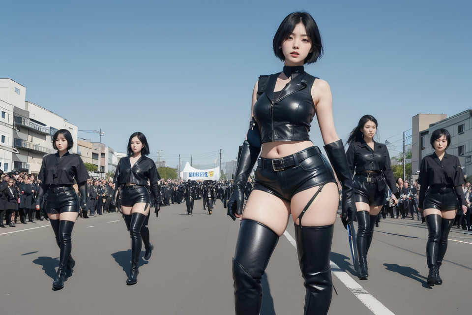best quality,8k, realistic, masterpiece, RAW photo, full body, Many tall Japanese evil voluptuous short-haired intelligent beautiful girls are marching under blue sky, exciting.